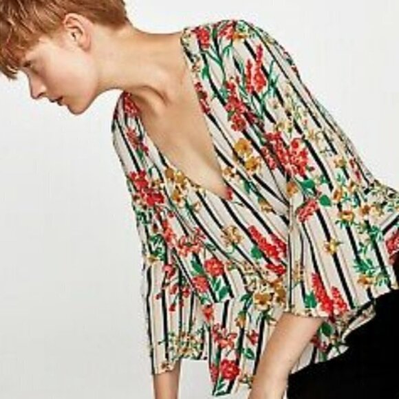 ZARA Multi color Blouse cache Flowers Wrap Striped - Picture 8 of 12